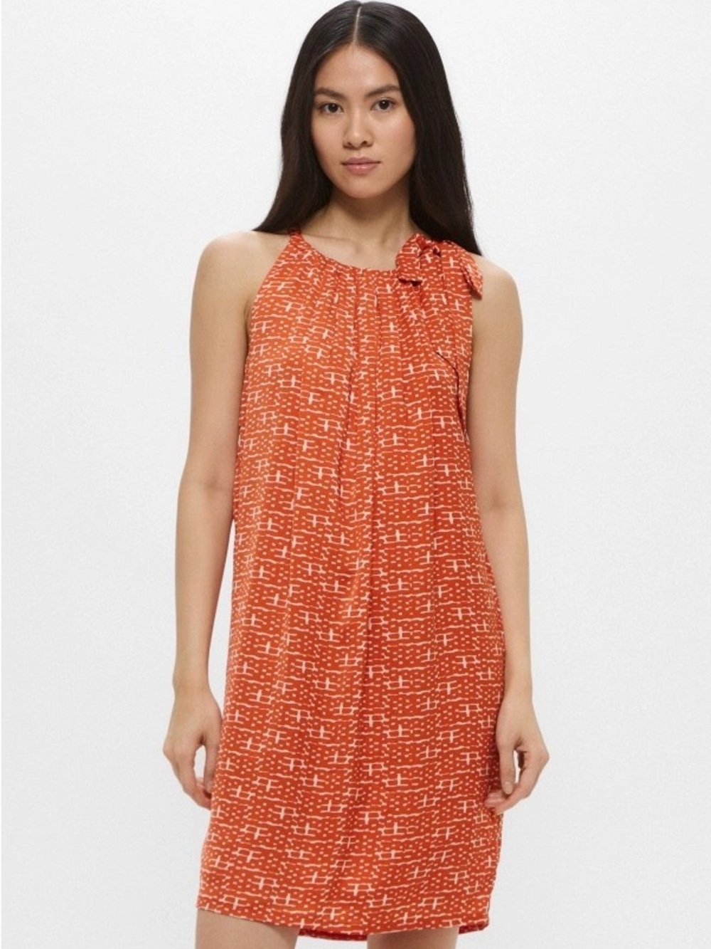 H&M Orange Abstract Print Bow Neck Shift Mini Dress Sleeveless Size S